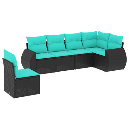 6-teiliges Gartensofa-Set mit Kissen, schwarzes Polyrattan