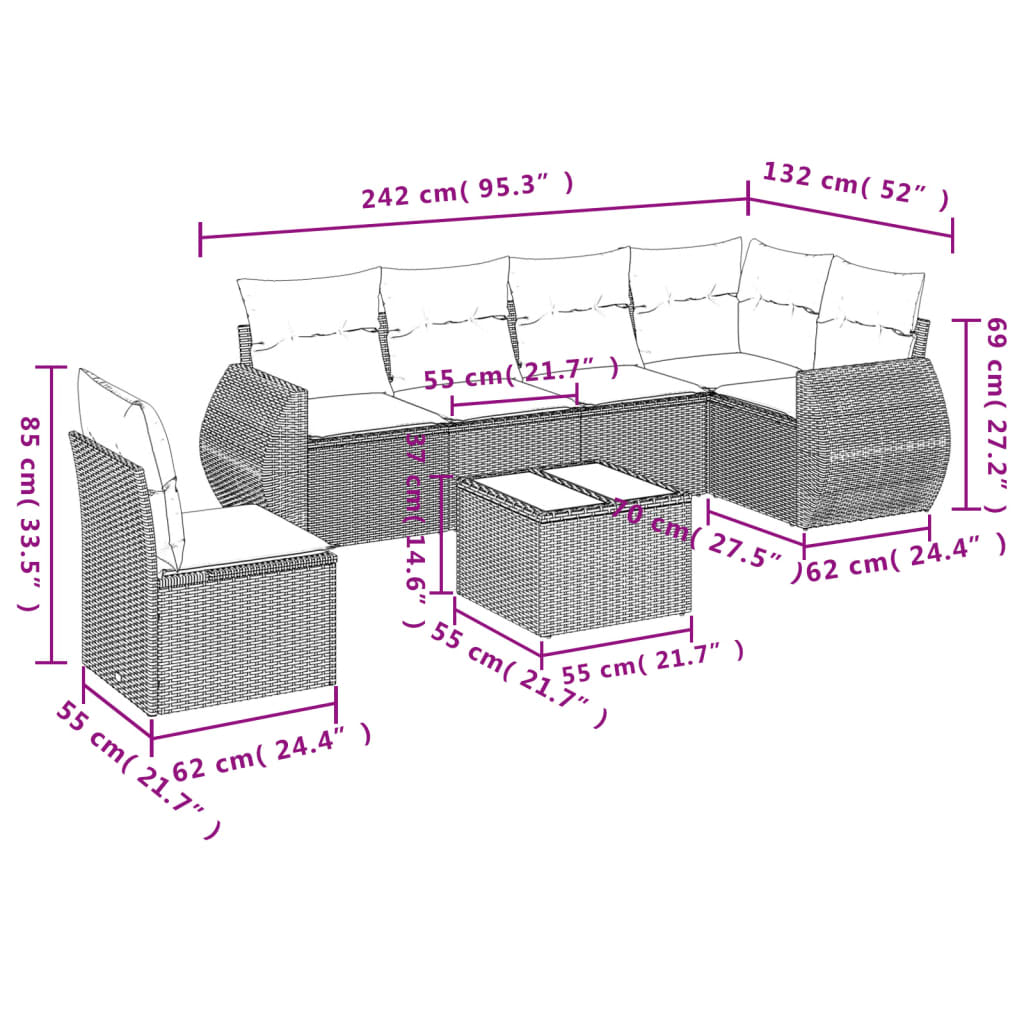 7-tlg. Garten-Sofagarnitur mit Kissen Schwarz Poly Rattan