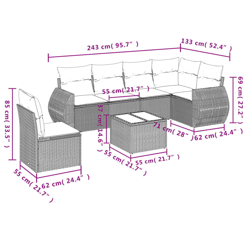 7-teiliges Gartensofa-Set mit Kissen, braun, Polyrattan