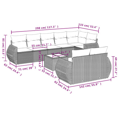 9-teiliges Gartensofa-Set mit Kissen, schwarzes Polyrattan
