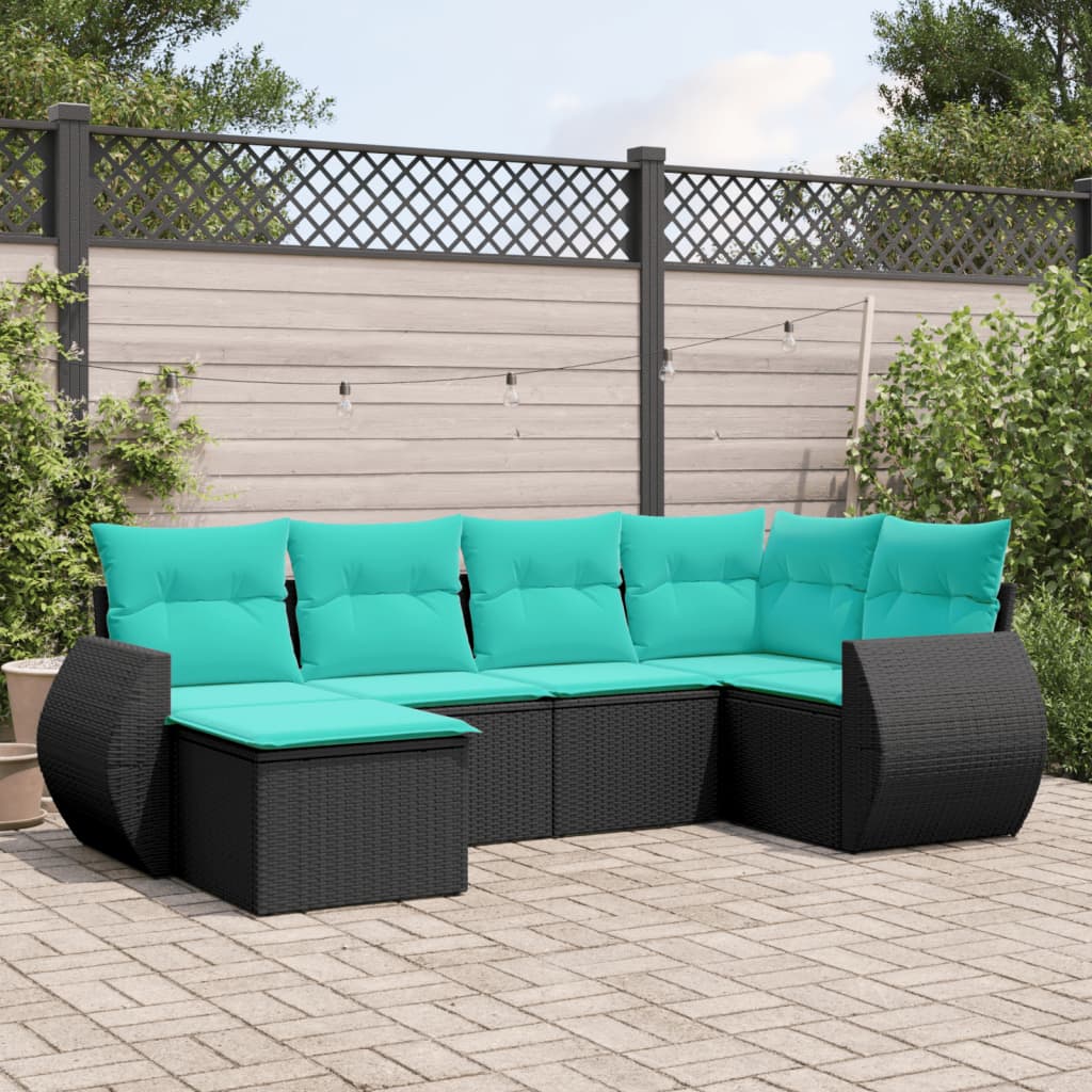 6-teiliges Gartensofa-Set mit Kissen, schwarzes Polyrattan