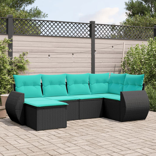 6-teiliges Gartensofa-Set mit Kissen, schwarzes Polyrattan