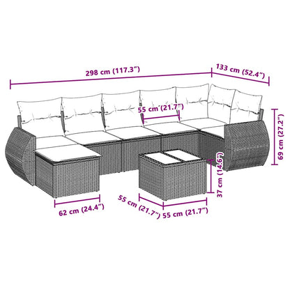 8-tlg. Garten-Sofagarnitur mit Kissen Hellgrau Poly Rattan