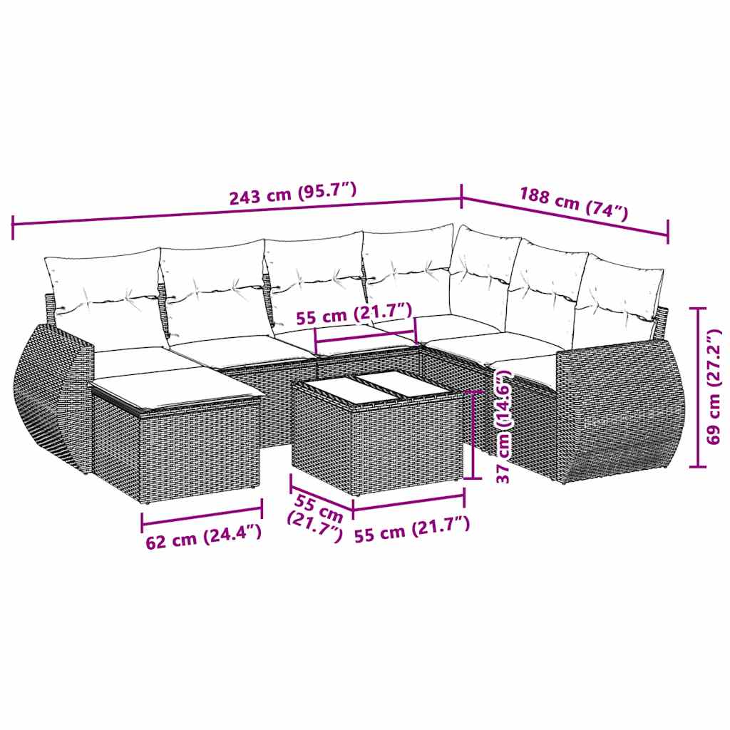 8-tlg. Garten-Sofagarnitur mit Kissen Hellgrau Poly Rattan