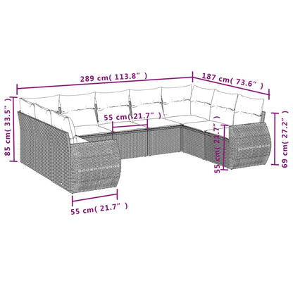 9-teiliges Gartensofa-Set mit Kissen, grau, Polyrattan