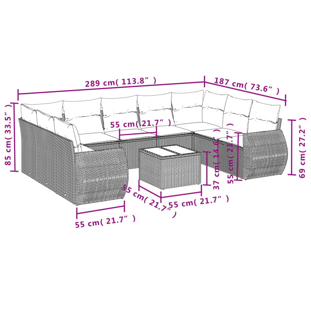 10-teiliges Gartensofa-Set mit Kissen, grau, Polyrattan