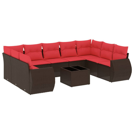 10-teiliges Gartensofa-Set mit Kissen, braun, Polyrattan