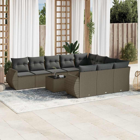 11-tlg. Garten-Sofagarnitur mit Kissen Hellgrau Poly Rattan