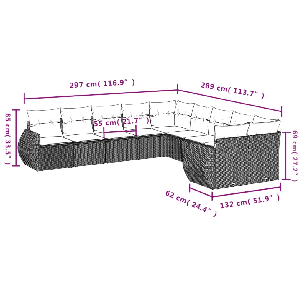 10-teiliges Gartensofa-Set mit Kissen, grau, Polyrattan