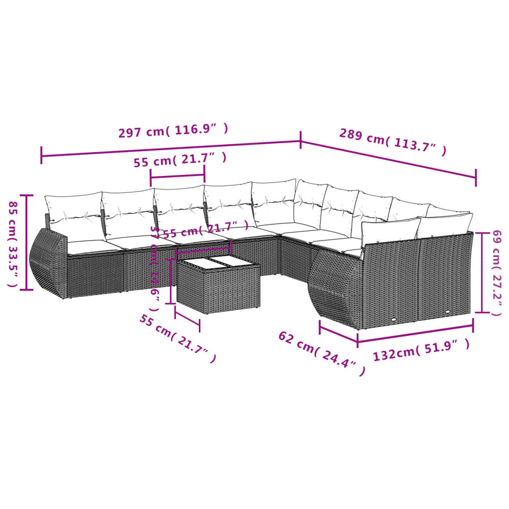 11-teiliges Gartensofa-Set mit Kissen, schwarzes Polyrattan