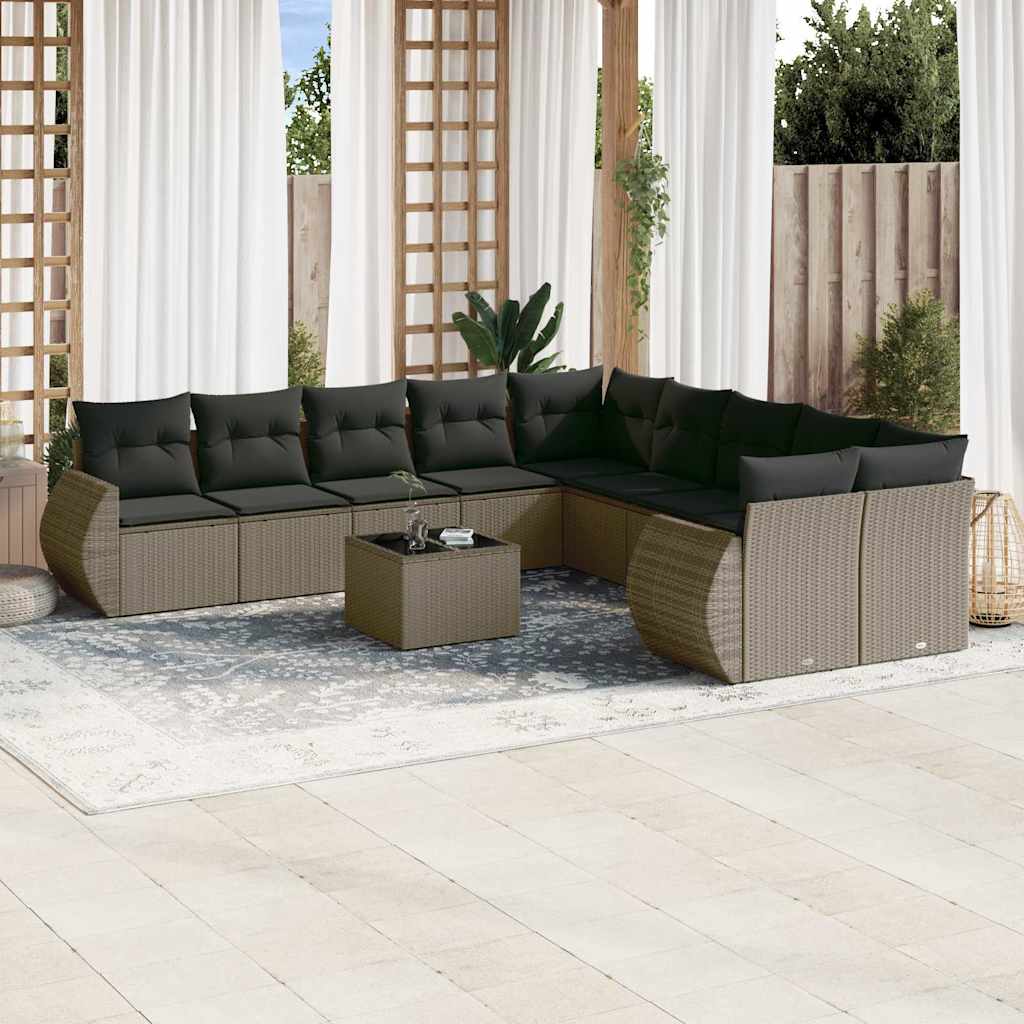 11-tlg. Garten-Sofagarnitur mit Kissen Hellgrau Poly Rattan