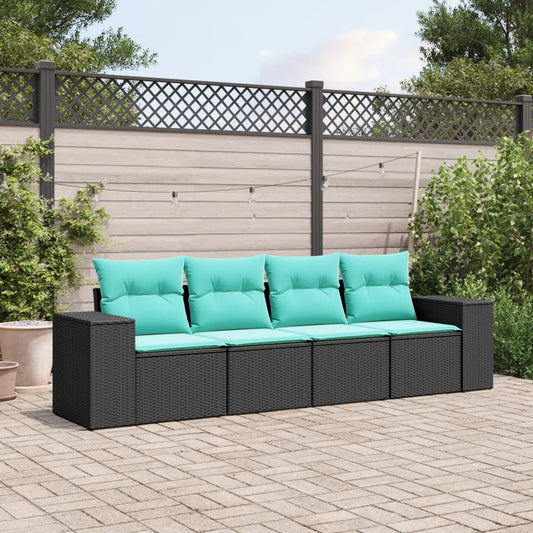 4-teiliges Gartensofa-Set mit Kissen, schwarzes Polyrattan