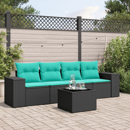 5-teiliges Gartensofa-Set mit Kissen, schwarzes Polyrattan