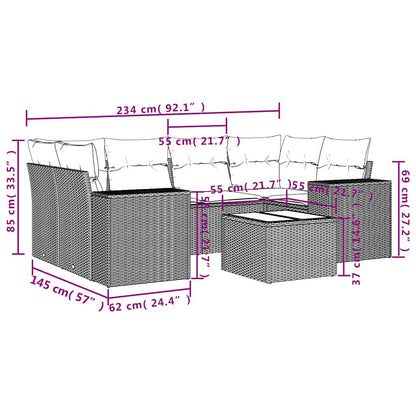 7-teiliges Gartensofa-Set mit Kissen, grau, Polyrattan