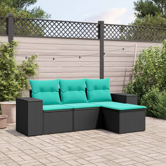 4-teiliges Gartensofa-Set mit Kissen, schwarzes Polyrattan