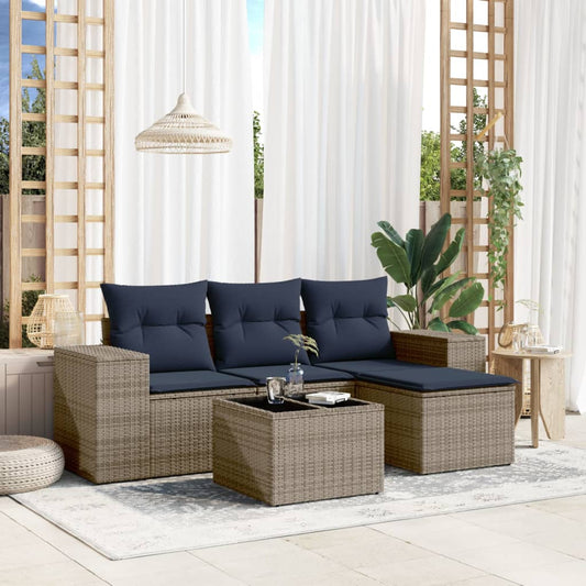 5-teiliges Gartensofa-Set mit Kissen, grau, Polyrattan