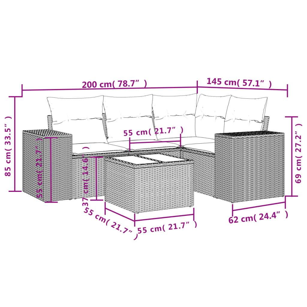 5-teiliges Gartensofa-Set mit Kissen, schwarzes Polyrattan