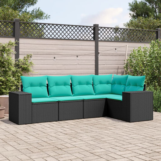5-teiliges Gartensofa-Set mit Kissen, schwarzes Polyrattan
