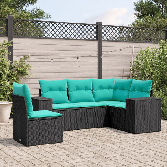 5-teiliges Gartensofa-Set mit Kissen, schwarzes Polyrattan