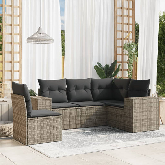 5-tlg. Garten-Sofagarnitur mit Kissen Grau Poly Rattan