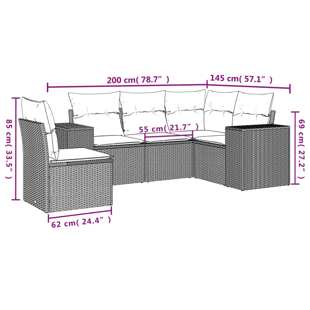 5-teiliges Gartensofa-Set mit Kissen, braun, Polyrattan