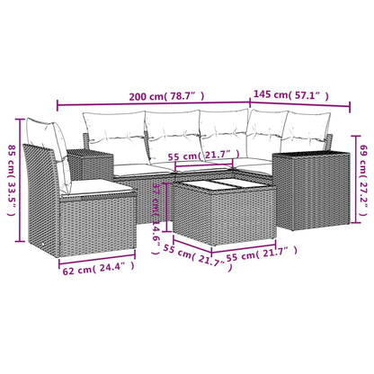 6-teiliges Gartensofa-Set mit Kissen, schwarzes Polyrattan