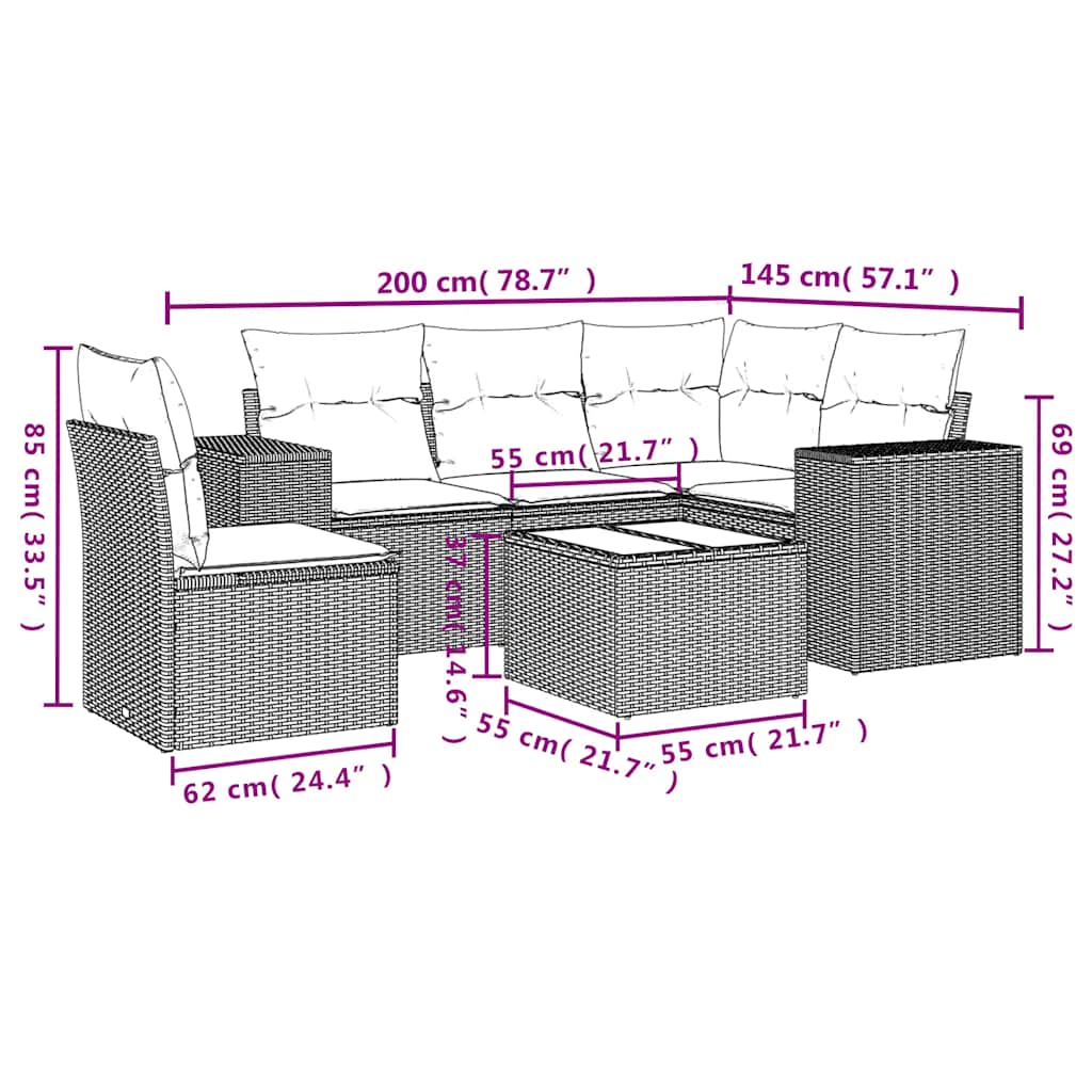 6-tlg. Garten-Sofagarnitur mit Kissen Hellgrau Poly Rattan