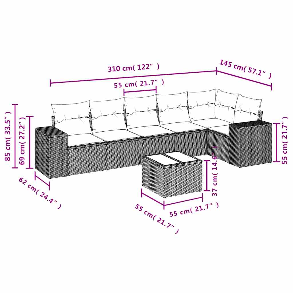 7-tlg. Garten-Sofagarnitur mit Kissen Beige Poly Rattan