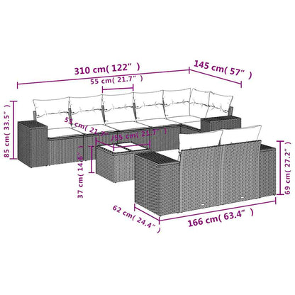 9-teiliges Gartensofa-Set mit Kissen, grau, Polyrattan
