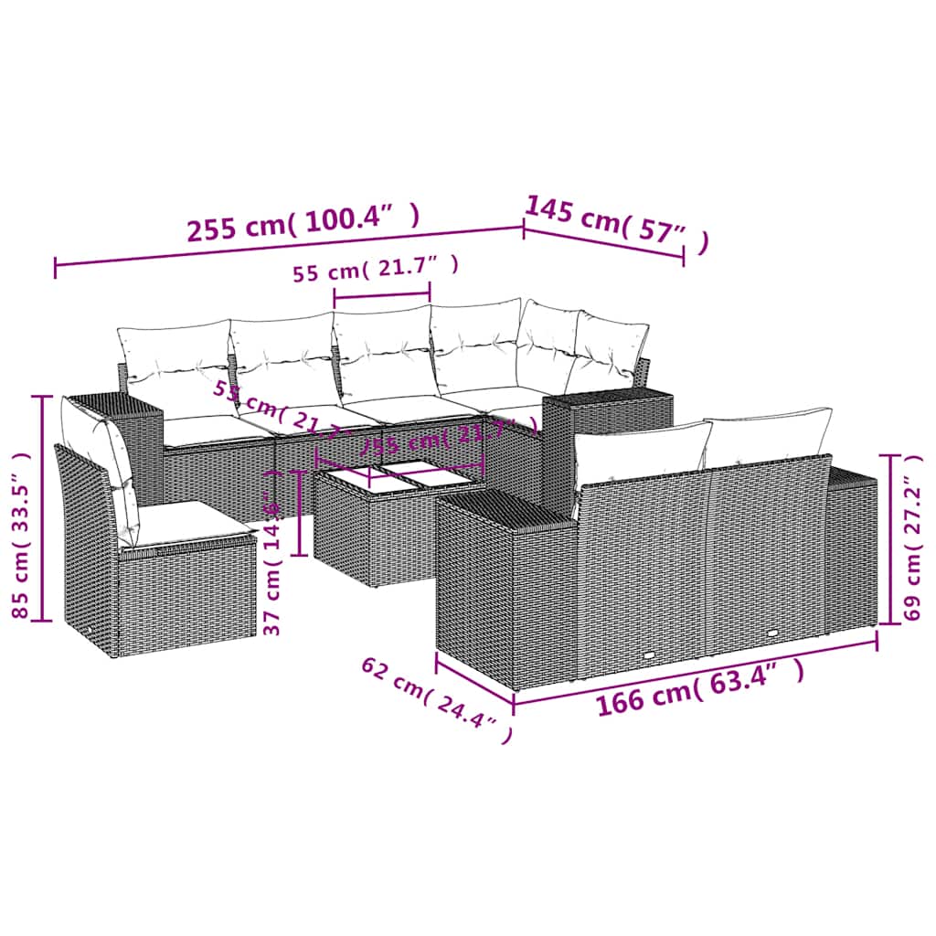 9-teiliges Gartensofa-Set mit Kissen, schwarzes Polyrattan