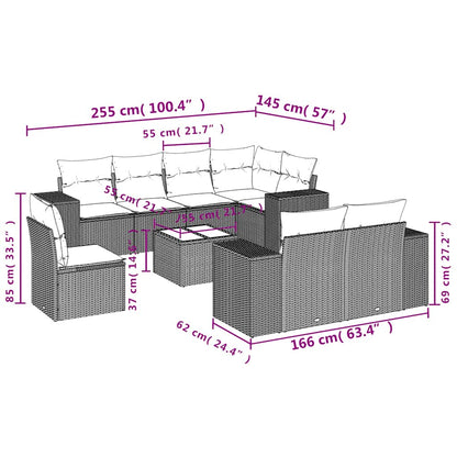 9-teiliges Gartensofa-Set mit Kissen, schwarzes Polyrattan
