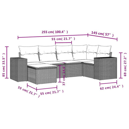 6-teiliges Gartensofa-Set mit Kissen, schwarzes Polyrattan