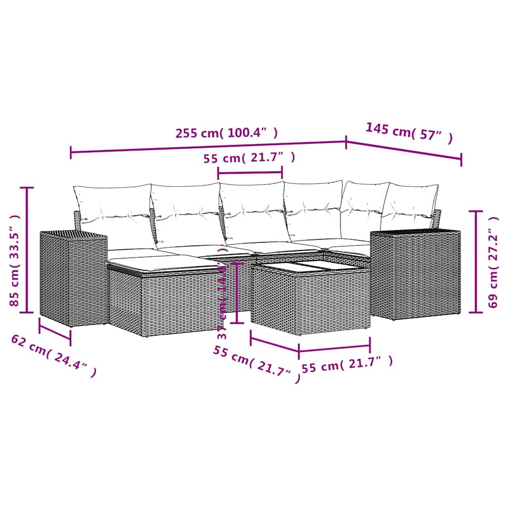 7-teiliges Gartensofa-Set mit Kissen, grau, Polyrattan