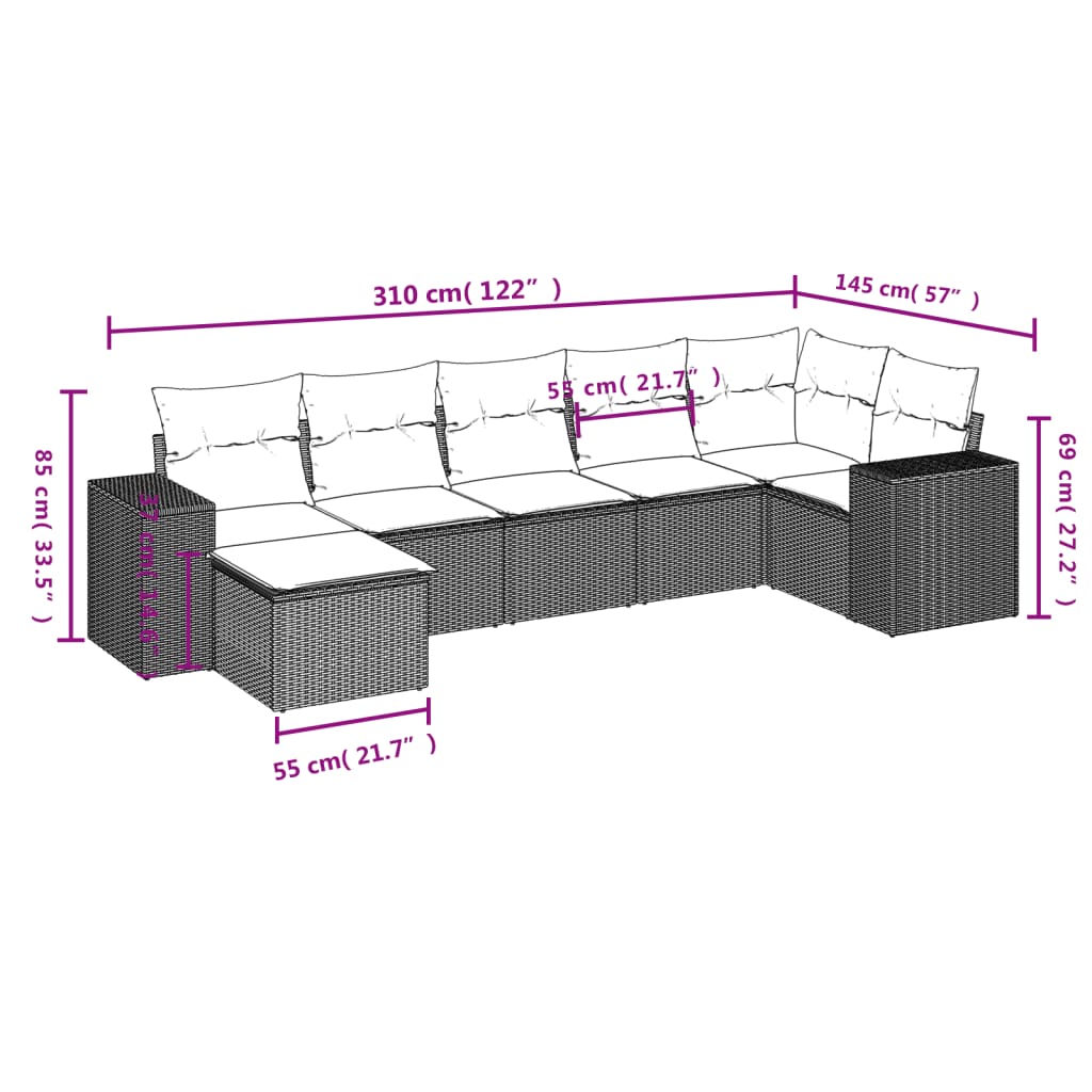7-teiliges Gartensofa-Set mit Kissen, braun, Polyrattan