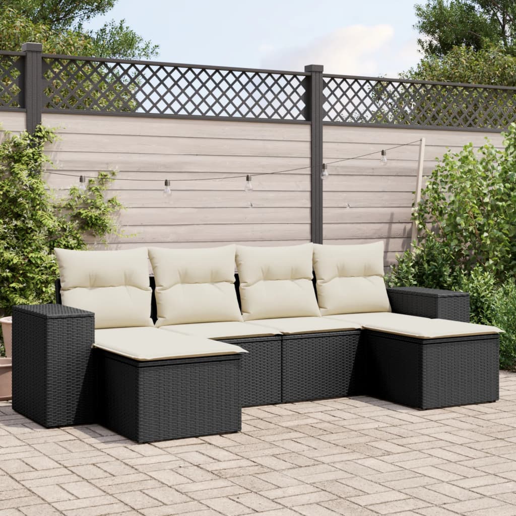 6-tlg. Garten-Sofagarnitur mit Kissen Schwarz Poly Rattan