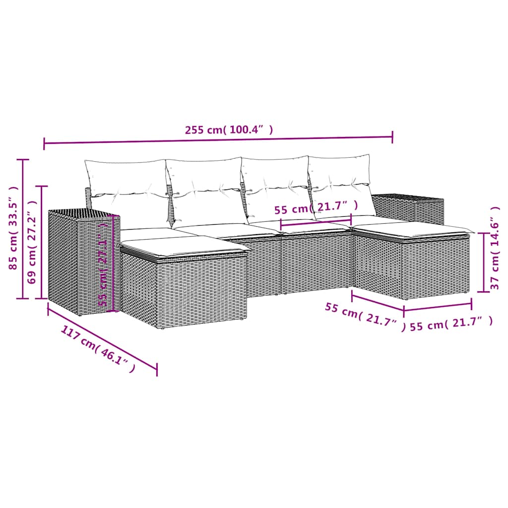 6-teiliges Gartensofa-Set mit Kissen, grau, Polyrattan