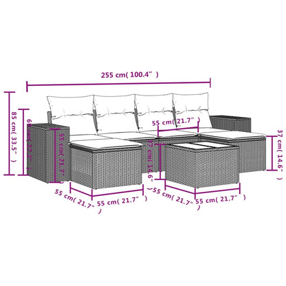 7-teiliges Gartensofa-Set mit Kissen, schwarzes Polyrattan