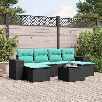 7-teiliges Gartensofa-Set mit Kissen, schwarzes Polyrattan