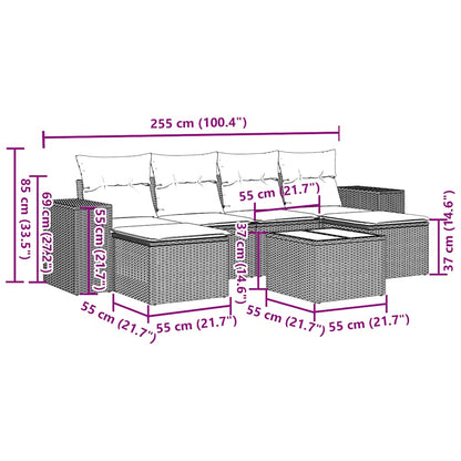 7-tlg. Garten-Sofagarnitur mit Kissen Hellgrau Poly Rattan