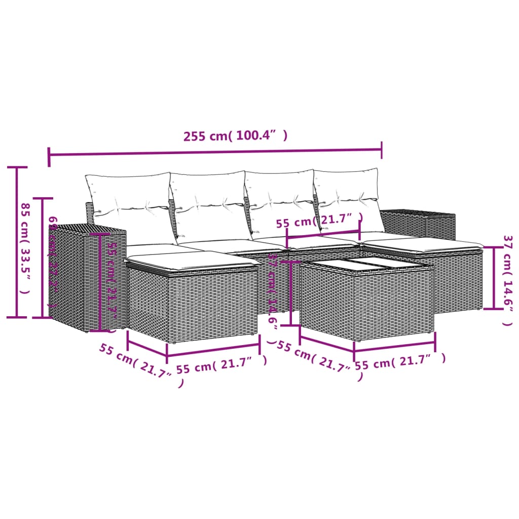 7-teiliges Gartensofa-Set mit Kissen, braun, Polyrattan