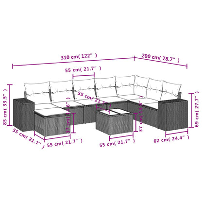 9-teiliges Gartensofa-Set mit Kissen, grau, Polyrattan