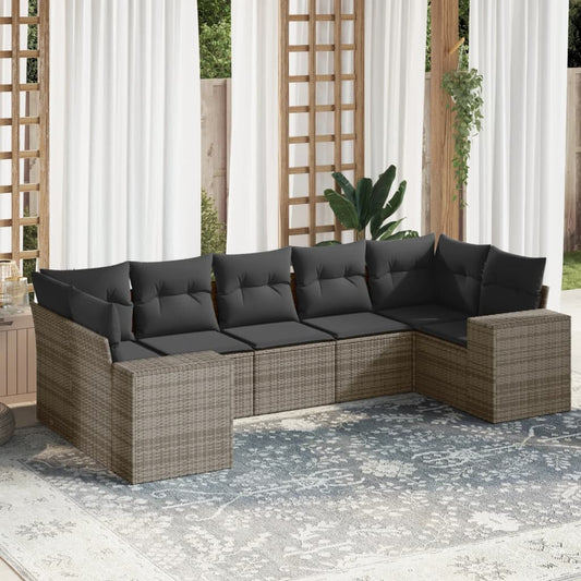 7-tlg. Garten-Sofagarnitur mit Kissen Grau Poly Rattan