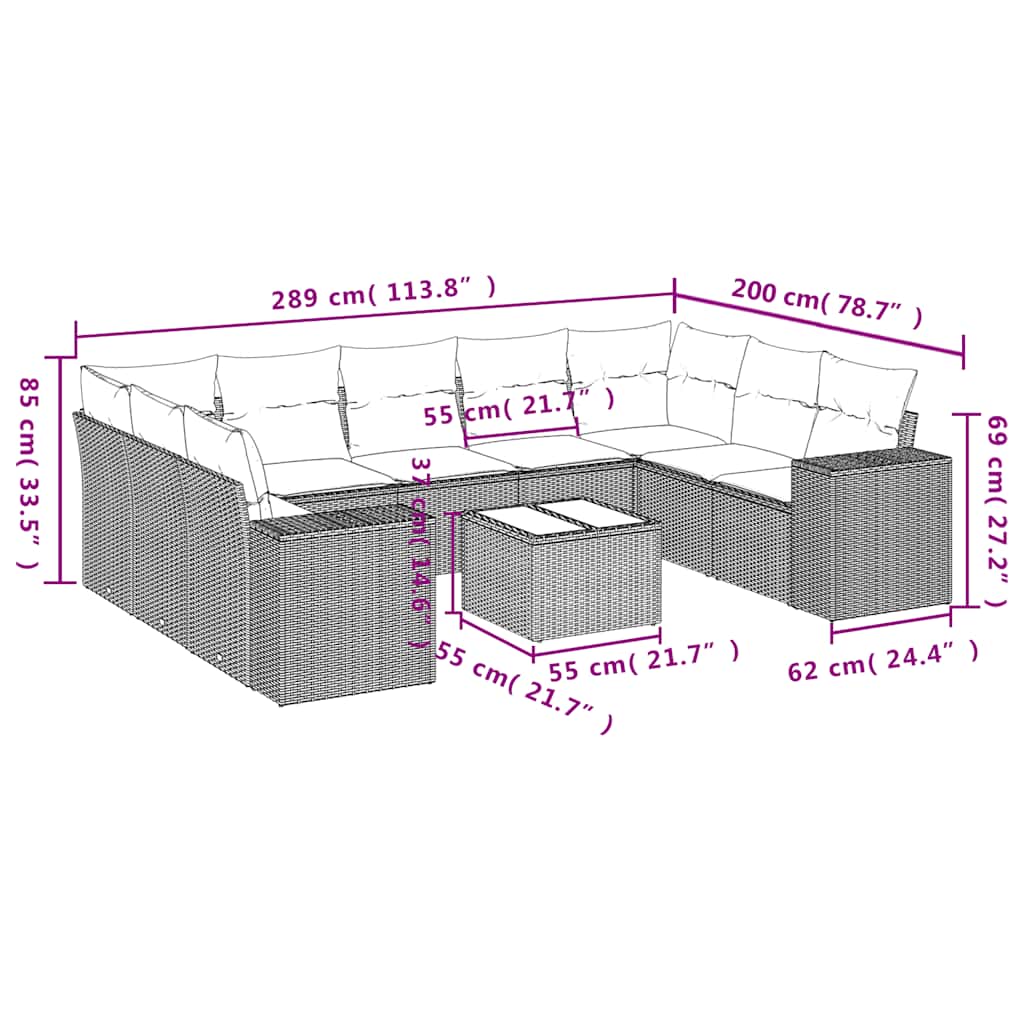 10-tlg. Garten-Sofagarnitur mit Kissen Hellgrau Poly Rattan