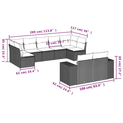 9-teiliges Gartensofa-Set mit Kissen, schwarzes Polyrattan
