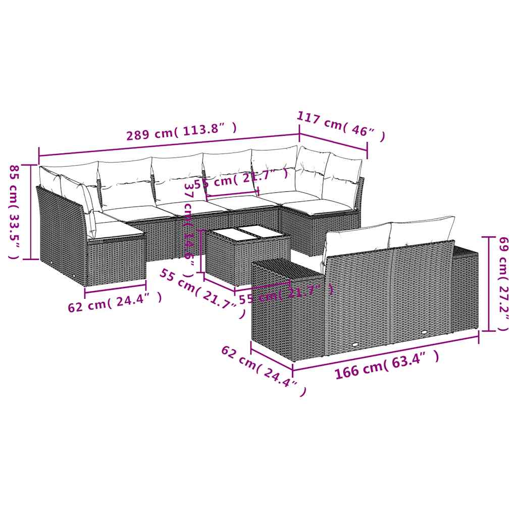 10-teiliges Gartensofa-Set mit Kissen, schwarzes Polyrattan