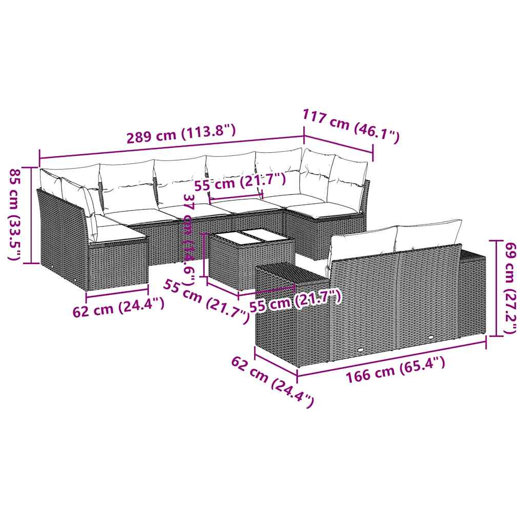 10-tlg. Garten-Sofagarnitur mit Kissen Hellgrau Poly Rattan