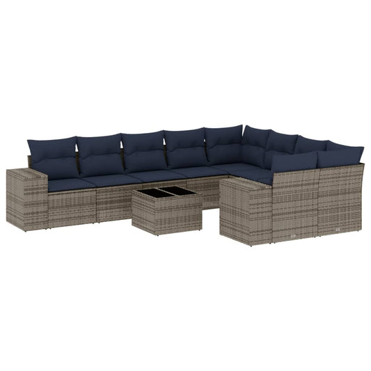 10-teiliges Gartensofa-Set mit Kissen, grau, Polyrattan