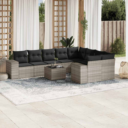 10-tlg. Garten-Sofagarnitur mit Kissen Hellgrau Poly Rattan