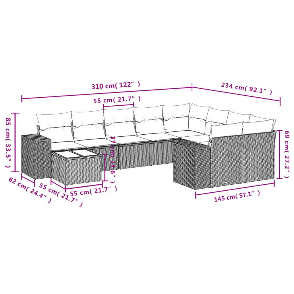 10-teiliges Gartensofa-Set mit Kissen, grau, Polyrattan