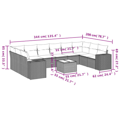 11-teiliges Gartensofa-Set mit Kissen, schwarzes Polyrattan